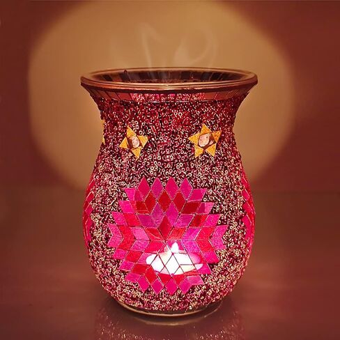 SHMILMH Essential Oil Burner, Incense Aromatherapy Oil Diffuser, Fragrance Warmer, Mosaic Glass Tealight Candle Holder Burners for Home Room Decor, Orange, 5.5" H in Kuwait