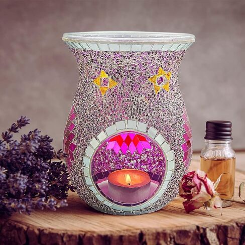 SHMILMH Essential Oil Burner, Incense Aromatherapy Oil Diffuser, Fragrance Warmer, Mosaic Glass Tealight Candle Holder Burners for Home Room Decor, Orange, 5.5" H in Kuwait