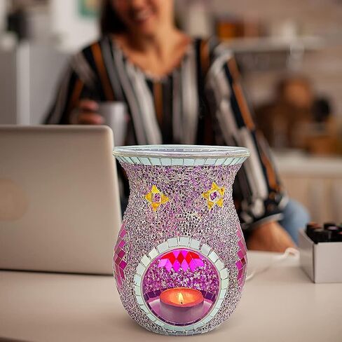 SHMILMH Essential Oil Burner, Incense Aromatherapy Oil Diffuser, Fragrance Warmer, Mosaic Glass Tealight Candle Holder Burners for Home Room Decor, Orange, 5.5" H in Kuwait
