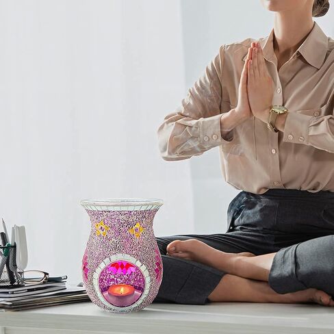 SHMILMH Essential Oil Burner, Incense Aromatherapy Oil Diffuser, Fragrance Warmer, Mosaic Glass Tealight Candle Holder Burners for Home Room Decor, Orange, 5.5" H in Kuwait