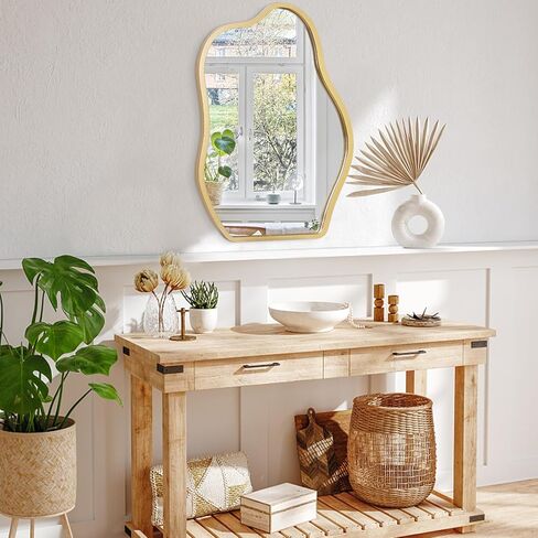 مرآة ذهبية غير منتظمة لديكور الحائط، مرآة حائط حديثة غير متناظرة بإطار خشبي، شكل فريد من نوعه، مرآة فنية متموجة لتزيين غرفة المعيشة وغرفة النوم ومدخل الحمام in Kuwait