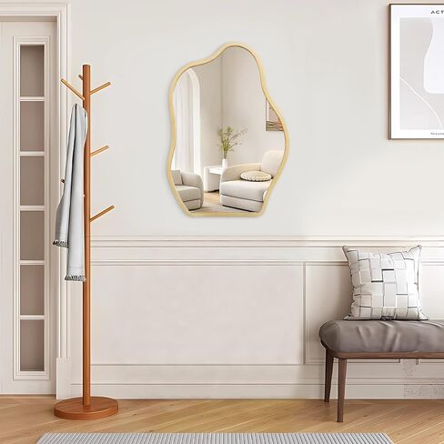 مرآة ذهبية غير منتظمة لديكور الحائط، مرآة حائط حديثة غير متناظرة بإطار خشبي، شكل فريد من نوعه، مرآة فنية متموجة لتزيين غرفة المعيشة وغرفة النوم ومدخل الحمام in Kuwait