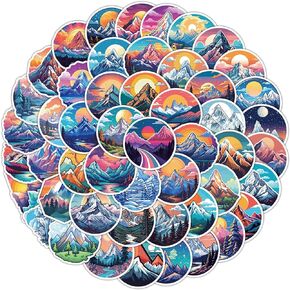 50 Pcs Colorful Snowy Mountain Stickers Pack for Water Bottles, Outdoor Stickers, Camping Stickers, Sunrise Snowy Mountain Vinyl Waterproof Stickers and Decals for Laptop Scrapbook Skateboard Phone
