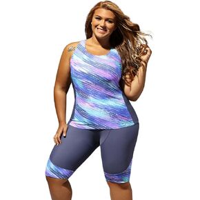 Women Plus Size Surf Swimwear Rash Guard Swim Capris Tankini Swimsuit