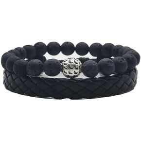lava volcano natural stone with a silver scale bead 8mm rock men's and women's bracelet, with leather woven bracelet, double bracelet, for lovers, friends gift