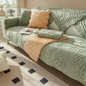 vctops Farmhouse Velvet Plush Sofa Cover Palm Leaves Quilted Sectional Couch Cover Soft Furry Fuzzy Non-Slip Sofa Slipcover for Dogs, Cats, Kids, Pets Furniture Protector (Grass Green,36"x82")