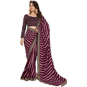 ساري نسائي جورجيت لاهريا مطبوع ومطرز مع قطعة بلوزة غير مخيطة in Kuwait