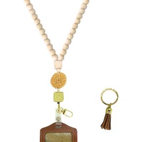 Designer Black Retractable Beaded Lanyard for ID Badges Wooden Teacher Lanyard with PU ID Holder Breakaway Badge Lanyards for ID Badges for Women Cute Lanyard Necklace Lightweight