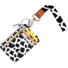 Cute Wrist Lanyard with ID Card Holder for Women Girls, WAVEYU Hand Wristlet Lanyards for Keys with Wallet ID Badge Holder with 6 Card Slots, 1 ID Window, 1 Zipper Pocket, Black Flower