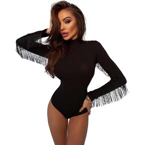 Women's Long Sleeve Bodysuit with Fringes Casual Turtleneck Body Suits Jumpsuit Tops