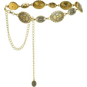 Women Boho Chain Belts, Western Cowgirl Waist Links Belt Adjustable Metal Concho Metal Chain Dress Belt Hollow Out Daisy Decorated Skinny Waist Belt For Dresses