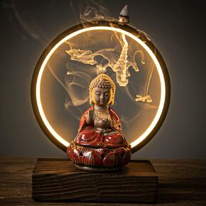 Ceramic Buddha Incense Burner Waterfall Chinese Backflow Incense Burner Holder with LED Light Incense Cones for Home Office Decor (Red)