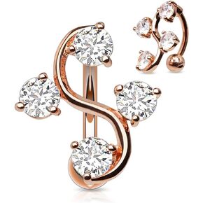 Pierced Owl 14GA Rose Gold Plated Stainless Steel CZ Crystal Gem Vine Top Down Reverse Belly Button Ring