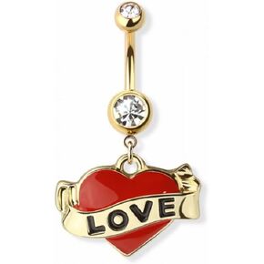Pierced Owl 14GA 316L Stainless Steel Red Love Heart Tattoo Dangling Belly Button Ring