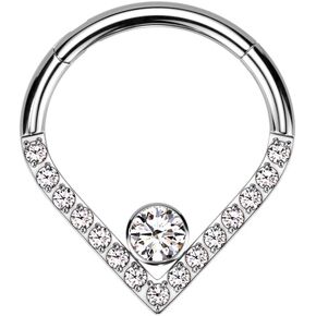 Pierced Owl 16GA F136 Implant Grade Titanium CZ Crystal Center and CZ Crystal Lined Chevron Shaped Hinged Segment Ring