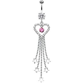 Pierced Owl 14GA Stainless Steel CZ Crystal Heart Outline with Dangling Star Chains Belly Button Ring