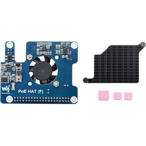Waveshare PoE HAT (F) Compatible with Raspberry Pi 5, High Power, Onboard Cooling Fan, with Metal Heatsink, Supports 802.3af/at Network Standard
