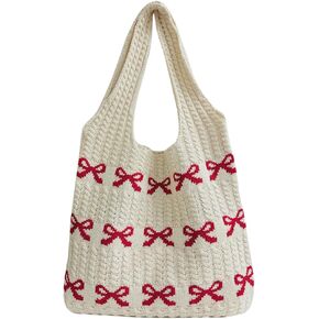 Crochet Tote Bag Y2k Bow Purse for Women Coquette Aesthetic Hobo Bag Cute Shoulder Handbag Knitted Tote Bow Printed Bag