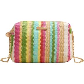 Women’s Straw Tote Bag Rainbow Striped Casual Beach Shoulder Bag Summer Vacation Straw Crossbody Bag Purse 2024