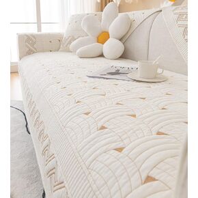 vctops Solid Color Cotton Quilted Sofa Couch Cover Weave Pattern Soft Sectional Couch Covers Embroidery Non-Slip Sofa Slipcover for Dogs, Children, Pets Furniture Protector (Khaki,28"x70")