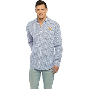 Men's Collegiate Easy-Care Long Sleeve Gingham Check Button Down Shirt, West Virginia Mountaineers, Navy, Large