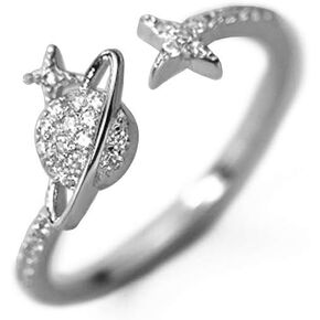 Planet Star Sterling Silver Open Stacking Rings for Women Girls Dainty Cubic Zirconia Crystal Adjustable Engagement Promise Wedding Ring Wrap Finger Thumb Band Cute Jewelry Gifts