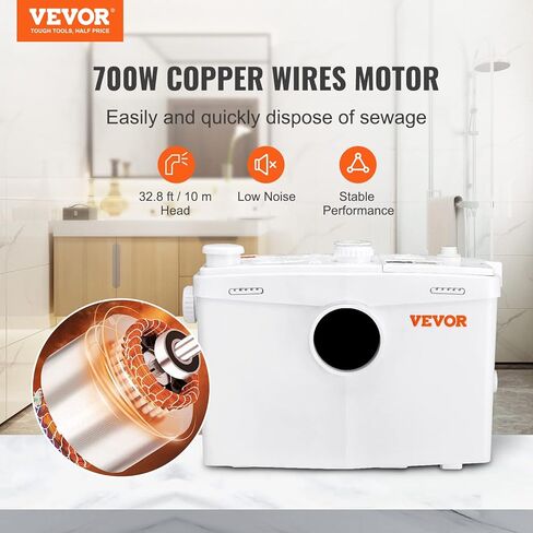 VEVOR Macerator Pump, 700W, 9600 L/h Flow, 32.8 ft/10 m Head, Macerator Sewerage Sump Pump with 3 Water Inlets for Toilet, Basement, Kitchen, Sink, Shower, Bathtub Waste Water Disposal Upflush Machine in Saudi Arabia