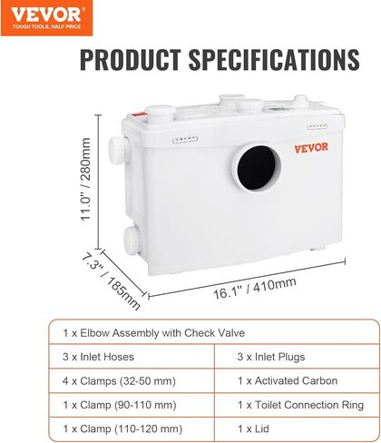 VEVOR Macerator Pump, 700W, 9600 L/h Flow, 32.8 ft/10 m Head, Macerator Sewerage Sump Pump with 3 Water Inlets for Toilet, Basement, Kitchen, Sink, Shower, Bathtub Waste Water Disposal Upflush Machine in Saudi Arabia