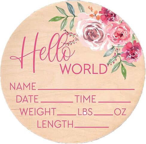 علامة الأزهار Hello World لحديثي الولادة لإعلان الترحيب بولادة الطفل، علامة Bloom Baby Name Stat Sign للمستشفى، علامة وصول الطفل الوردية المخصصة، هدايا خشبية للأم الجديدة استحمام الطفل صورة الدعامة ﻿ in Kuwait
