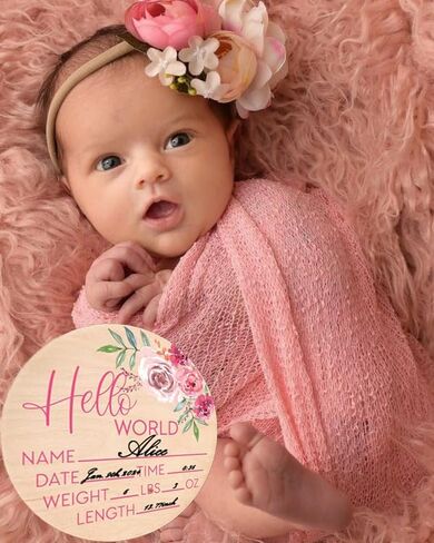 علامة الأزهار Hello World لحديثي الولادة لإعلان الترحيب بولادة الطفل، علامة Bloom Baby Name Stat Sign للمستشفى، علامة وصول الطفل الوردية المخصصة، هدايا خشبية للأم الجديدة استحمام الطفل صورة الدعامة ﻿ in Kuwait