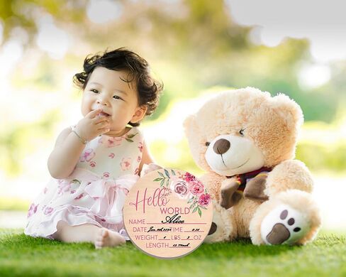 علامة الأزهار Hello World لحديثي الولادة لإعلان الترحيب بولادة الطفل، علامة Bloom Baby Name Stat Sign للمستشفى، علامة وصول الطفل الوردية المخصصة، هدايا خشبية للأم الجديدة استحمام الطفل صورة الدعامة ﻿ in Kuwait