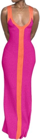 Flamingals Women's Colorblock Tank Dress for Women V Neck Bodycon Dress Maxi Dress in Saudi Arabia