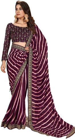 ساري نسائي جورجيت لاهريا مطبوع ومطرز مع قطعة بلوزة غير مخيطة in Kuwait