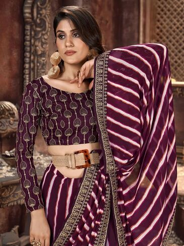 ساري نسائي جورجيت لاهريا مطبوع ومطرز مع قطعة بلوزة غير مخيطة in Kuwait