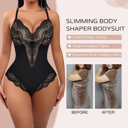FeelinGirl Lace Shapewear for Women Bodysuit Body Shaper One-Piece Fajas for Women Tummy Control Black XX-Large in Saudi Arabia