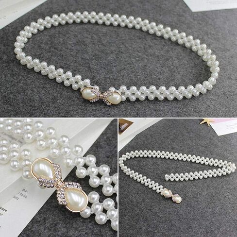 Women Stretch Pearl Belt,Rhinestones Interlocking Buckle Dress Elastic Waist Belts for Party Dress and Wedding Dresses Sash in Saudi Arabia
