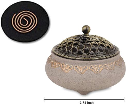 حاوية بخور سيراميك، حامل مبخرة عتيق، حامل بخور رائع من البورسلين، وعاء بخور لتزيين المنزل والمكتب واليوجا مع غطاء معدني وحصيرة مقاومة للحريق in Kuwait