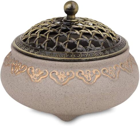 حاوية بخور سيراميك، حامل مبخرة عتيق، حامل بخور رائع من البورسلين، وعاء بخور لتزيين المنزل والمكتب واليوجا مع غطاء معدني وحصيرة مقاومة للحريق in Kuwait