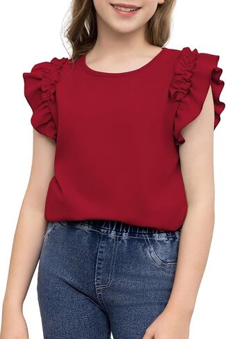 blibean Girls Summer Ruffle Sleeve Shirts Junior Plain Tunic Tops Teen Kid Plain Blouse Fancy Dress Tshirt Clothes Summer Tops Size 14 15 16 Year Old Burgundy Red in Saudi Arabia