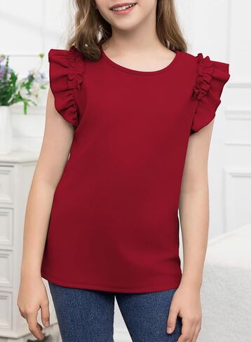 blibean Girls Summer Ruffle Sleeve Shirts Junior Plain Tunic Tops Teen Kid Plain Blouse Fancy Dress Tshirt Clothes Summer Tops Size 14 15 16 Year Old Burgundy Red in Saudi Arabia