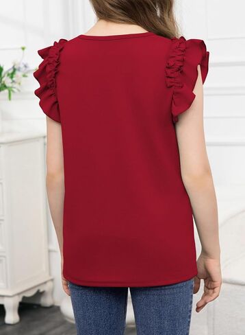blibean Girls Summer Ruffle Sleeve Shirts Junior Plain Tunic Tops Teen Kid Plain Blouse Fancy Dress Tshirt Clothes Summer Tops Size 14 15 16 Year Old Burgundy Red in Saudi Arabia