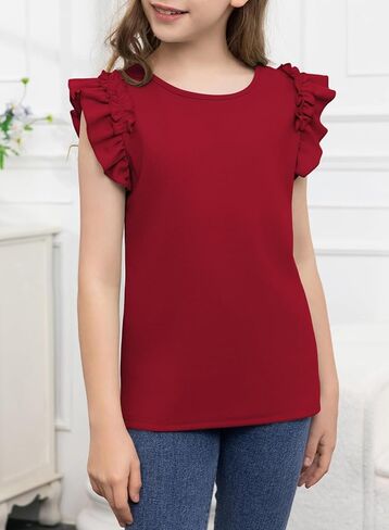 blibean Girls Summer Ruffle Sleeve Shirts Junior Plain Tunic Tops Teen Kid Plain Blouse Fancy Dress Tshirt Clothes Summer Tops Size 14 15 16 Year Old Burgundy Red in Saudi Arabia