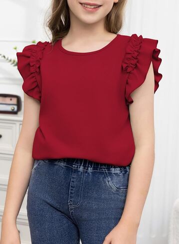 blibean Girls Summer Ruffle Sleeve Shirts Junior Plain Tunic Tops Teen Kid Plain Blouse Fancy Dress Tshirt Clothes Summer Tops Size 14 15 16 Year Old Burgundy Red in Saudi Arabia