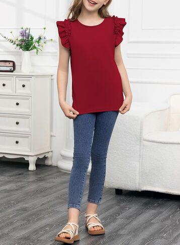blibean Girls Summer Ruffle Sleeve Shirts Junior Plain Tunic Tops Teen Kid Plain Blouse Fancy Dress Tshirt Clothes Summer Tops Size 14 15 16 Year Old Burgundy Red in Saudi Arabia