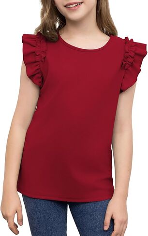 blibean Girls Summer Ruffle Sleeve Shirts Junior Plain Tunic Tops Teen Kid Plain Blouse Fancy Dress Tshirt Clothes Summer Tops Size 14 15 16 Year Old Burgundy Red in Saudi Arabia