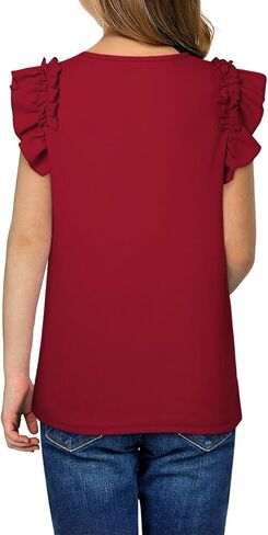 blibean Girls Summer Ruffle Sleeve Shirts Junior Plain Tunic Tops Teen Kid Plain Blouse Fancy Dress Tshirt Clothes Summer Tops Size 14 15 16 Year Old Burgundy Red in Saudi Arabia