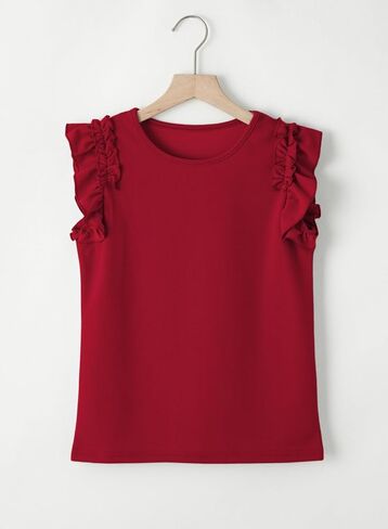blibean Girls Summer Ruffle Sleeve Shirts Junior Plain Tunic Tops Teen Kid Plain Blouse Fancy Dress Tshirt Clothes Summer Tops Size 14 15 16 Year Old Burgundy Red in Saudi Arabia