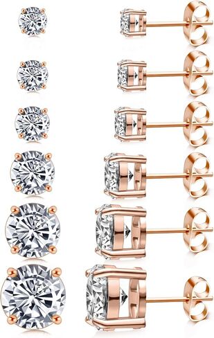 6 Pairs Stud Earrings for Women, Surgical Steel Earrings Set Lightweight and Trendy 316L CZ Cartilage Earlobes Hypoallergenic(Rose Gold) in Saudi Arabia