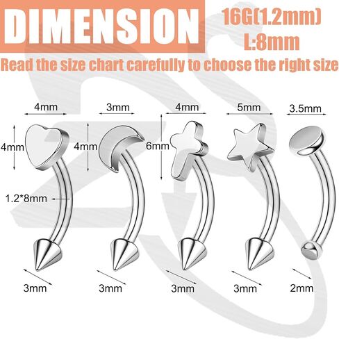 ZS 5Pcs Stainless Steel Eyebrow Rings, 16G Curved Belly Rings Navel Barbell Helix Daith Tragus Earrings Spike Vertical Labret Lip Piercing Jewelry in Saudi Arabia