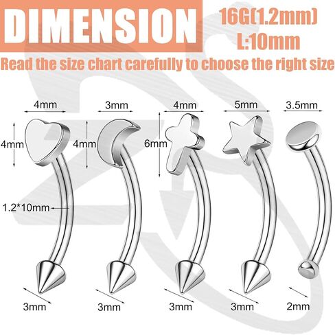 ZS 5Pcs Stainless Steel Eyebrow Rings, 16G Curved Belly Rings Navel Barbell Helix Daith Tragus Earrings Spike Vertical Labret Lip Piercing Jewelry in Saudi Arabia